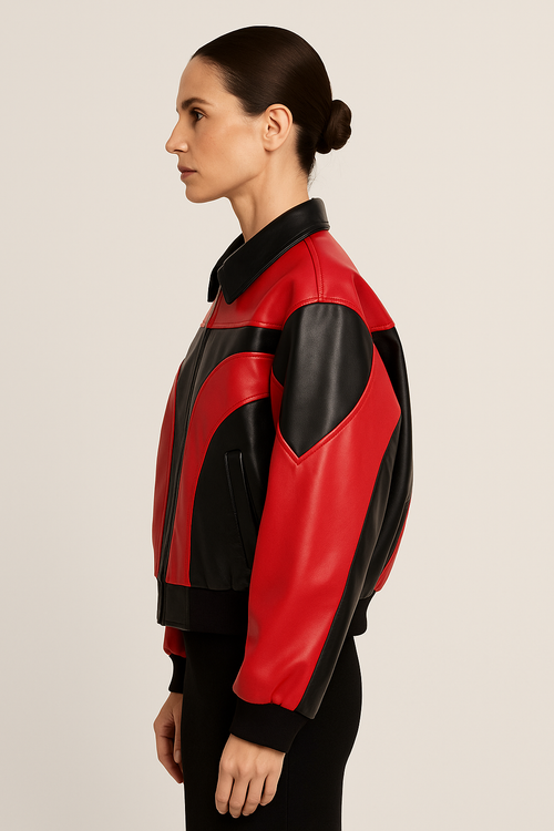 His Two-Tone Retro Pleather Biker Jacket - Red/Black
