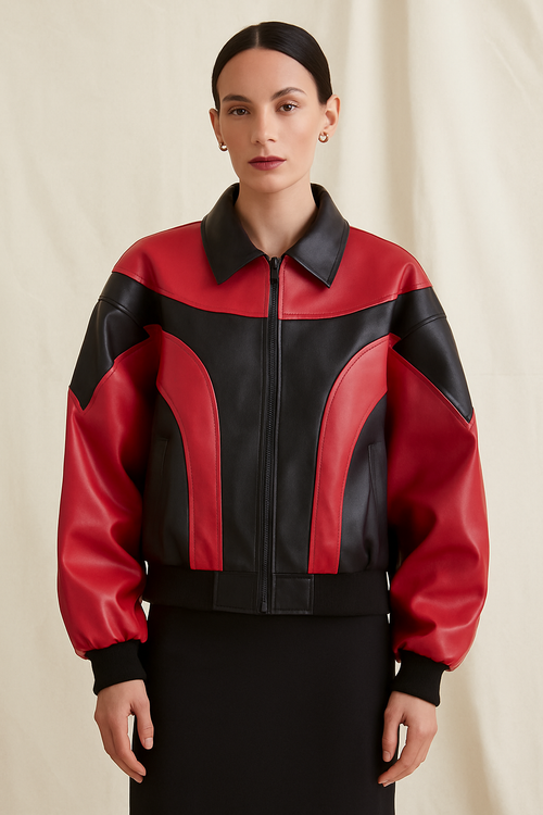 His Two-Tone Retro Pleather Biker Jacket - Red/Black