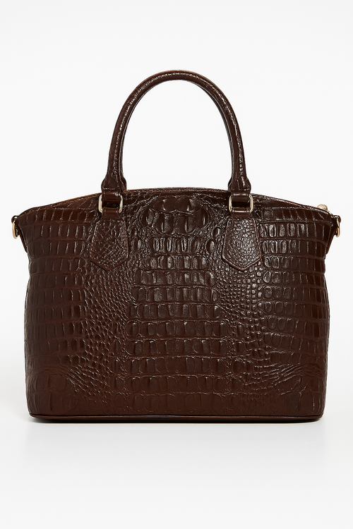 Croc-Embossed Structured Tote in Chocolate Brown