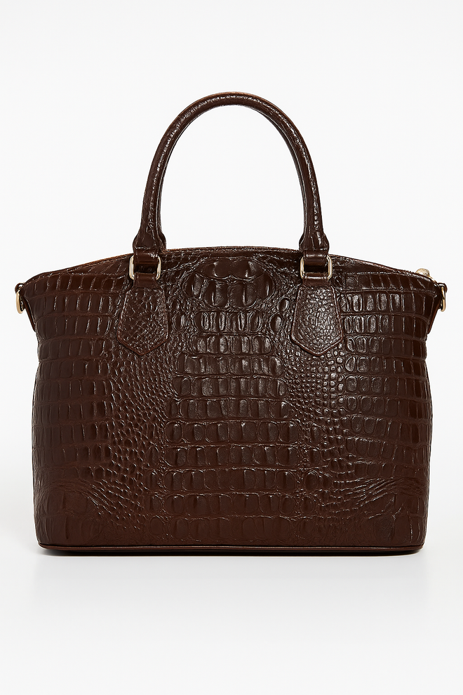 Croc-Embossed Structured Tote in Chocolate Brown