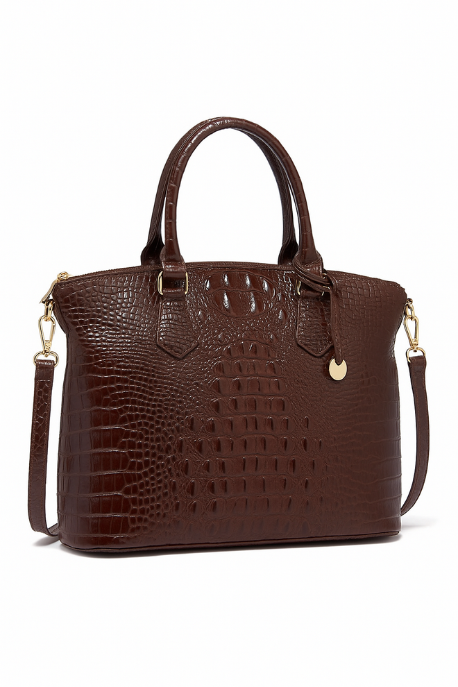 Croc-Embossed Structured Tote in Chocolate Brown